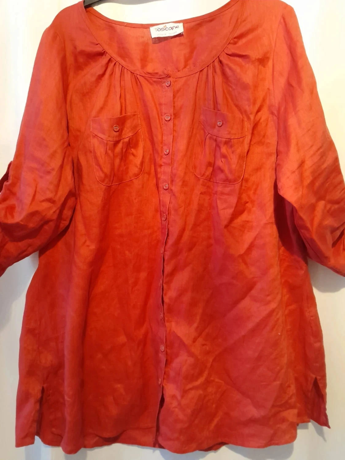 Blouse, chemisier en 100% Lin, couleur Rouge, Taille 50, Marque Armand Thiery